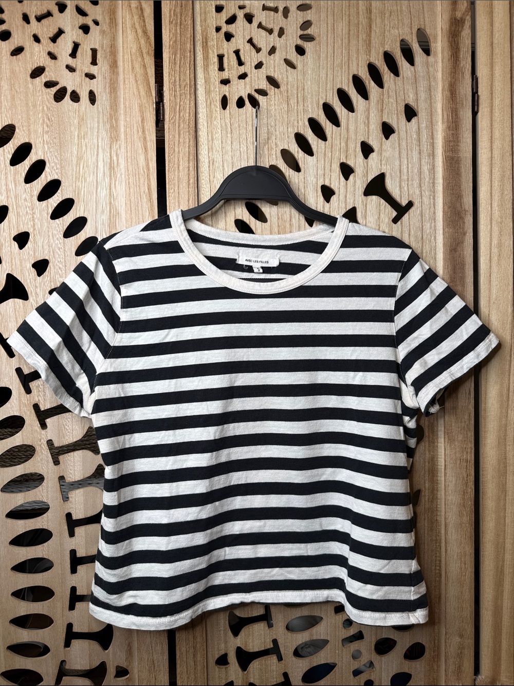 Avec Les Filles Black and White Striped Crewneck Tee